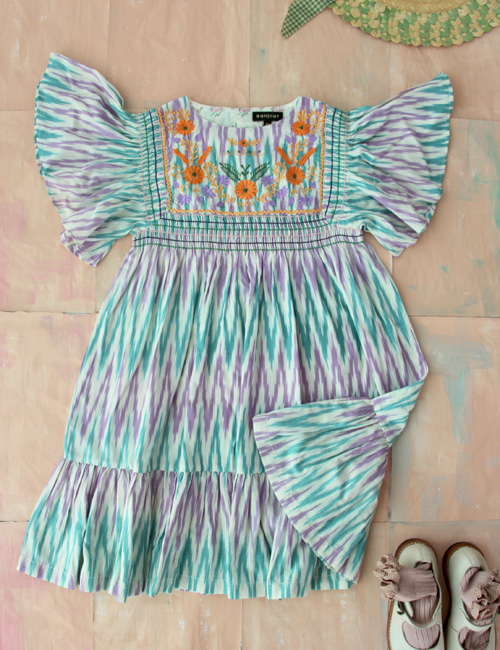 [BONJOUR DIARY] New Rosalie Dress with new sleeves _ Ikat violet / green [4Y, 10Y]