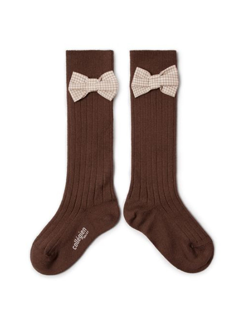 [COLLEGIEN] Ribbed Knee-high Socks with Gingham bow (No.786)[24/27, 28/31, 32/35]