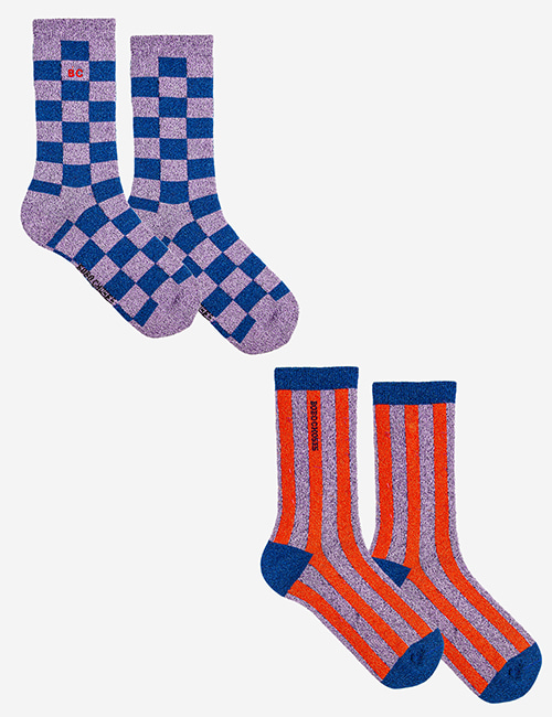 [BOBO CHOSES]Checkerboard and stripes long socks pack [23-25,26-28]