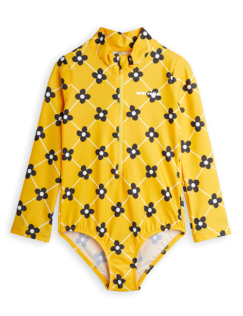 [MINI RODINI] Flower check ls uv swimsuit _ Yellow