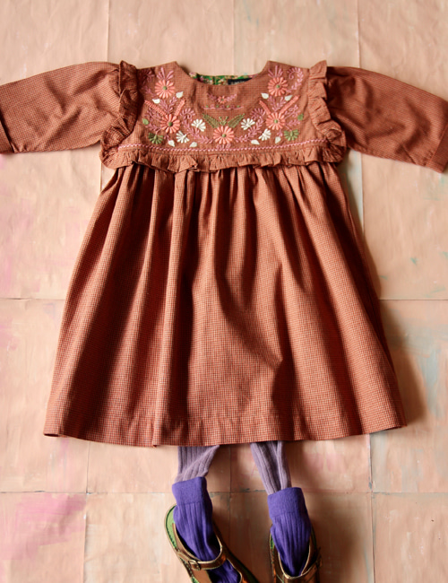 [BONJOUR DIARY]Rosalie dress with flounce and embroidery _ Small orange check
