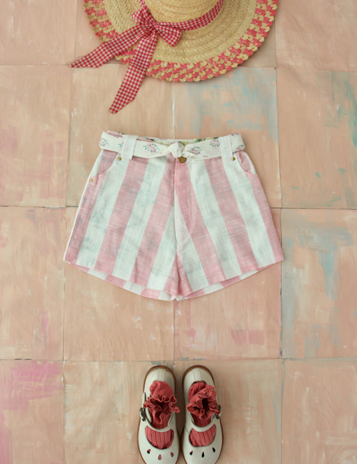 [BONJOUR DIARY] Short with Scarf 50*50 cm _ Large pink stripes [8y]
