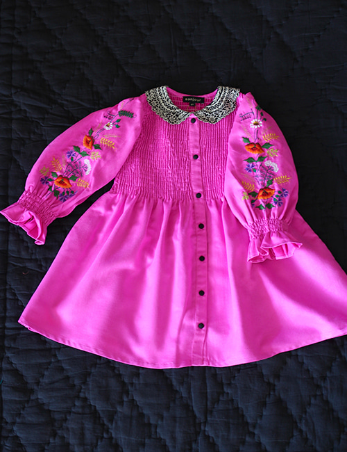 [BONJOUR DIARY] DRESS WITH EMBROIDERY COLLAR AND SLEEVE _ Solid Fushia Corduroy
