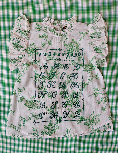 [Bonjour Diary] Top flounce with embroidery _ Green flower print cotton/viscose