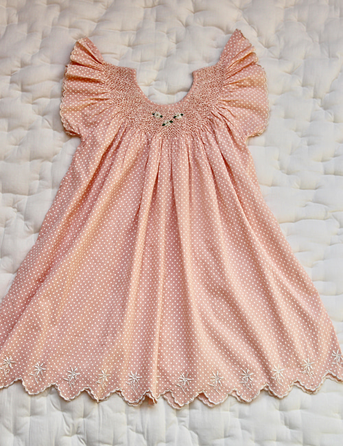 [Bonjour Diary] Butterfly dress with festoon embroidery &amp; hand smocking _ Pink dot voile