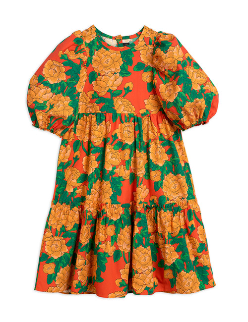 [MINIRODINI]Peonies woven puff sleeve dress_red[92/98, 128/134]