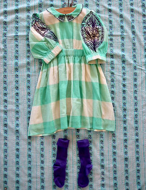 [BONJOUR DIARY]Marie Dress with embroidery   _ Vichy Mint check - Crepe[2-3Y]
