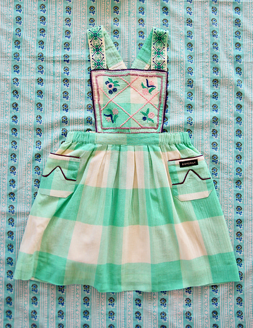 [BONJOUR DIARY]Reina dress with new  embroidery _ Vichy Mint check - Crepe [8Y]