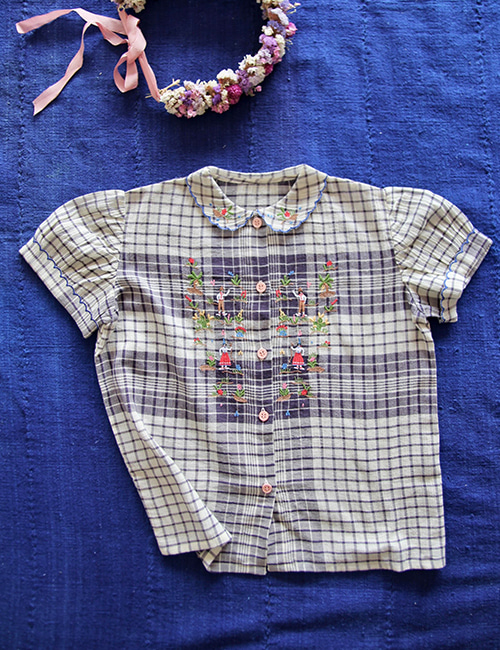 [BONJOUR DIARY]New Multi color Embroidered blouse with scalloping _ Handkerchief check - Crepe