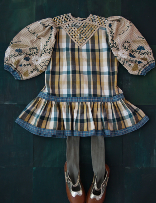 [BONJOUR DIARY]Folk dress with braid top &amp; embroidery _ Big green check [10Y]