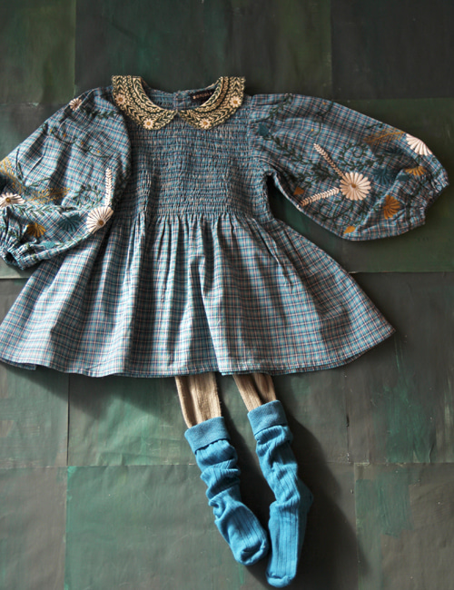 [BONJOUR DIARY]Tunique blouse with embroidery balloon sleeve/collar  _ Small blue check