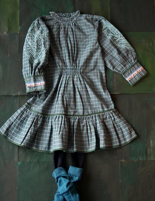[BONJOUR DIARY]New dress with long cuff &amp; embroiedry   _ Small blue check[3Y, 4Y, 6Y]