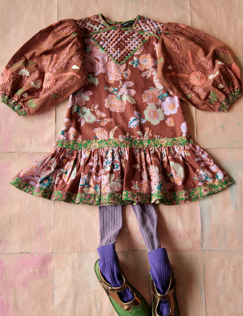 [BONJOUR DIARY]Folk dress with braid top  &amp; embroidery _　Big brown flower print[3Y, 4Y, 6Y, 8Y, 10Y, 12Y]