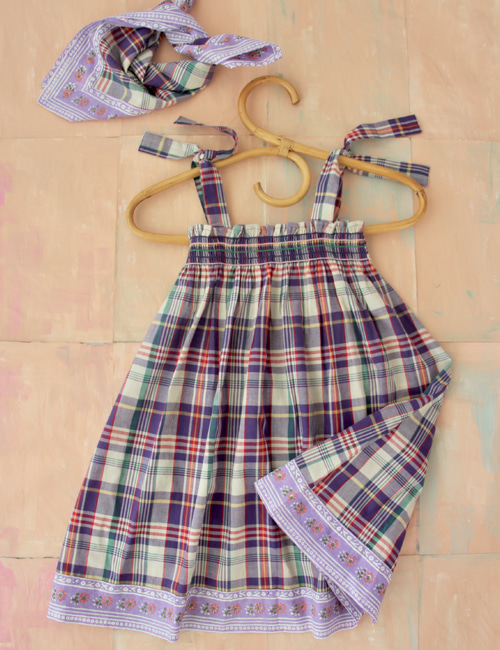 [BONJOUR DIARY] Skirt dress with scarf 50*50 cm with border _ Purple check[2-3Y, 10Y]