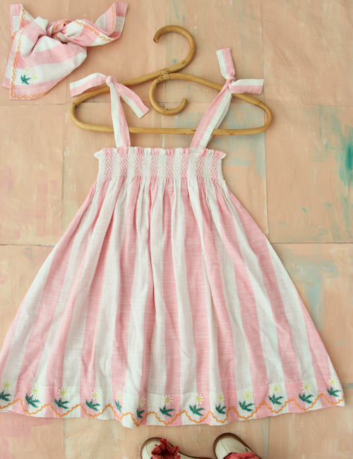 [BONJOUR DIARY] Skirt dress with Scarf 50*50cm _ Large pink stripes[ 4Y, 10Y]