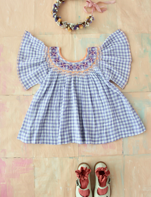 [BONJOUR DIARY] Butterfly Blouse with cross embroidery _ Violet Gingham[4Y, 8y]