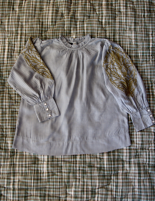 [BONJOUR DIARY] Blouse long cuff _ Blue check [10Y]