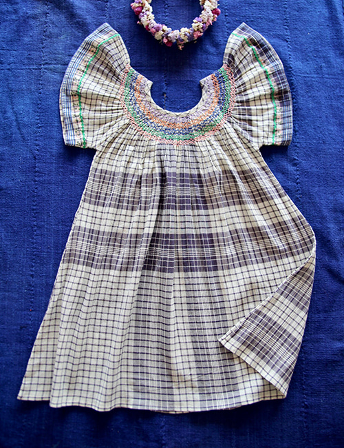 [BONJOUR DIARY]Butterfly dress with hand smocking embroidery and border _ Handkerchief check - Crepe