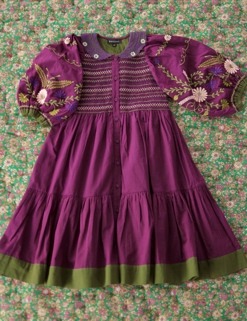 [BONJOUR DIARY]Folk long dress with embroidery sleeve &amp; collar _ Purple Organic voile