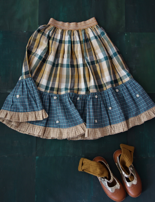 [BONJOUR DIARY]Patchwork long skirt with gold elastic _ Big green check [4Y, 6Y, 10Y]