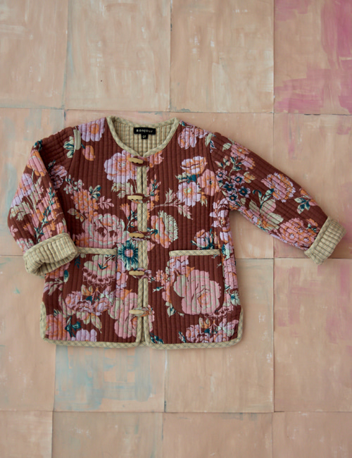 [BONJOUR DIARY]Reversible Quilted Jacket (Cotton filling) _ Big brown flower print[4Y,6Y,8Y, 10Y]