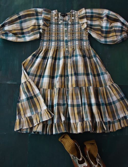 [BONJOUR DIARY]Ibiza dress with balloon sleeve, mchine smocking and hand flowers  _ Big green check[3Y]