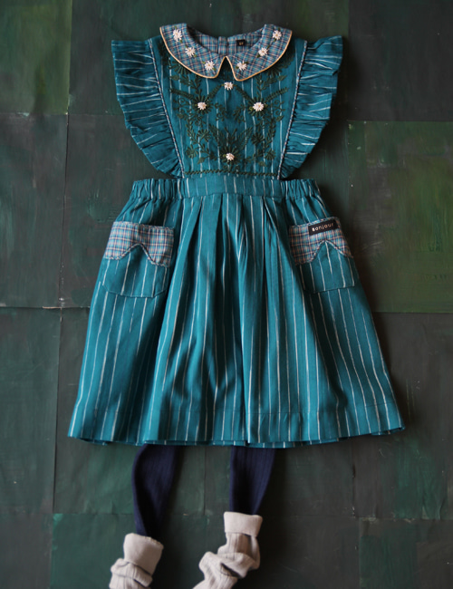 [BONJOUR DIARY]Apron dress  with embroidery _ Ikat blue[4Y, 8Y]