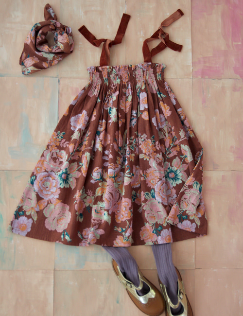 [BONJOUR DIARY]Long Skirt dress with Scarf 50*50 cm _ Big brown flower print[4Y, 6Y, 10Y]