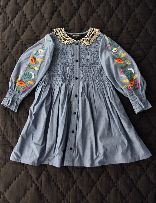 [BONJOUR DIARY] DRESS WITH EMBROIDERY COLLAR &amp; SLEEVE _ Chambray[2-3Y,4Y,6Y,8Y]