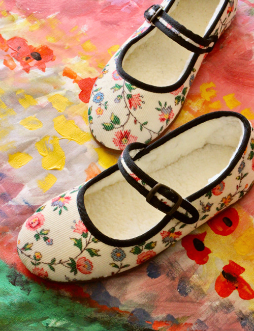 [BONJOUR DIARY] SHOES _ Ivory flowers print - corduroy[24,26,30,33]
