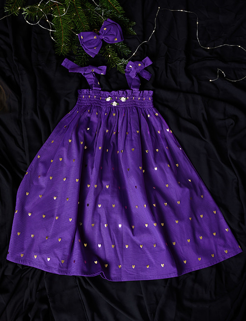 [BONJOUR DIARY] LONG SKIRT DRESS WITH HAIR CLIP _ Purple voile Tulle gold heart print nt